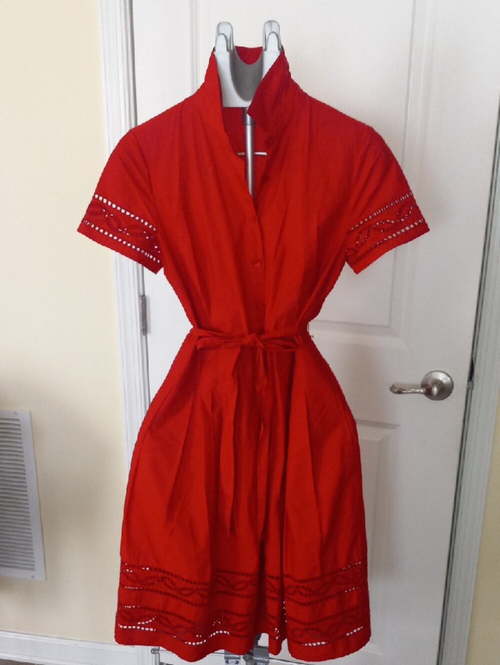 Talbots Red Eyelet-Trim Short-Sleeve Midi Dress